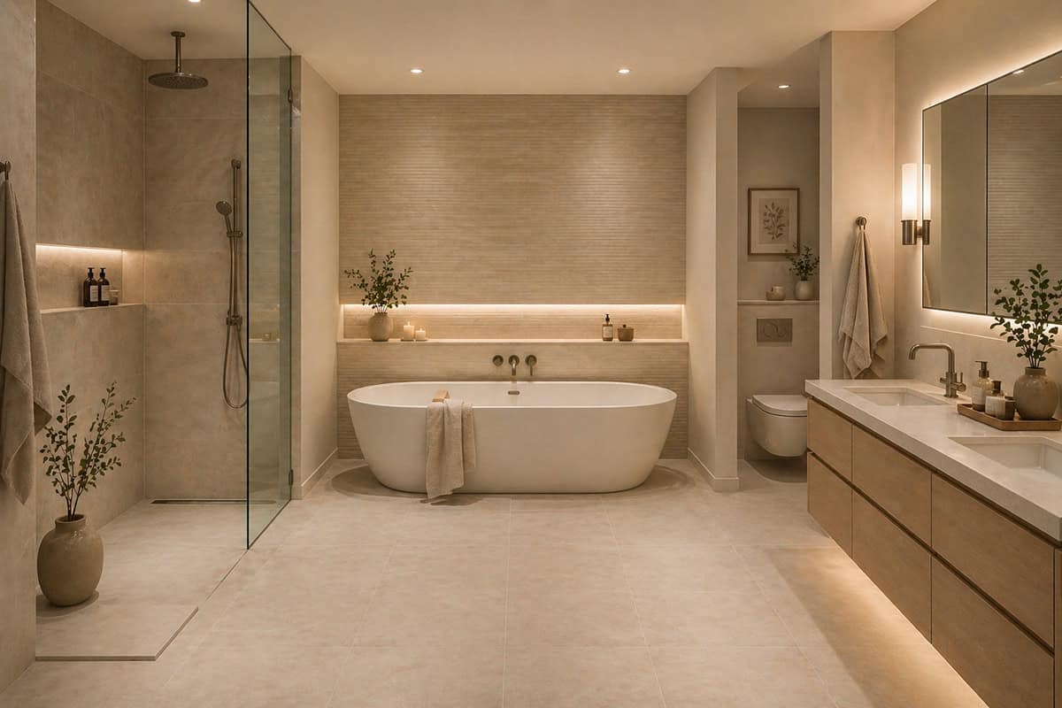 Bathtub Along the Back Wall with Left Shower and Right Vanity