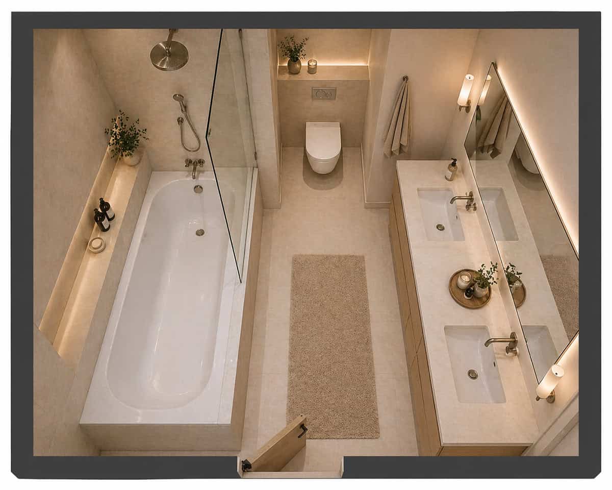 Bathtub Feature with Side Vanity and Rear Toilet top view