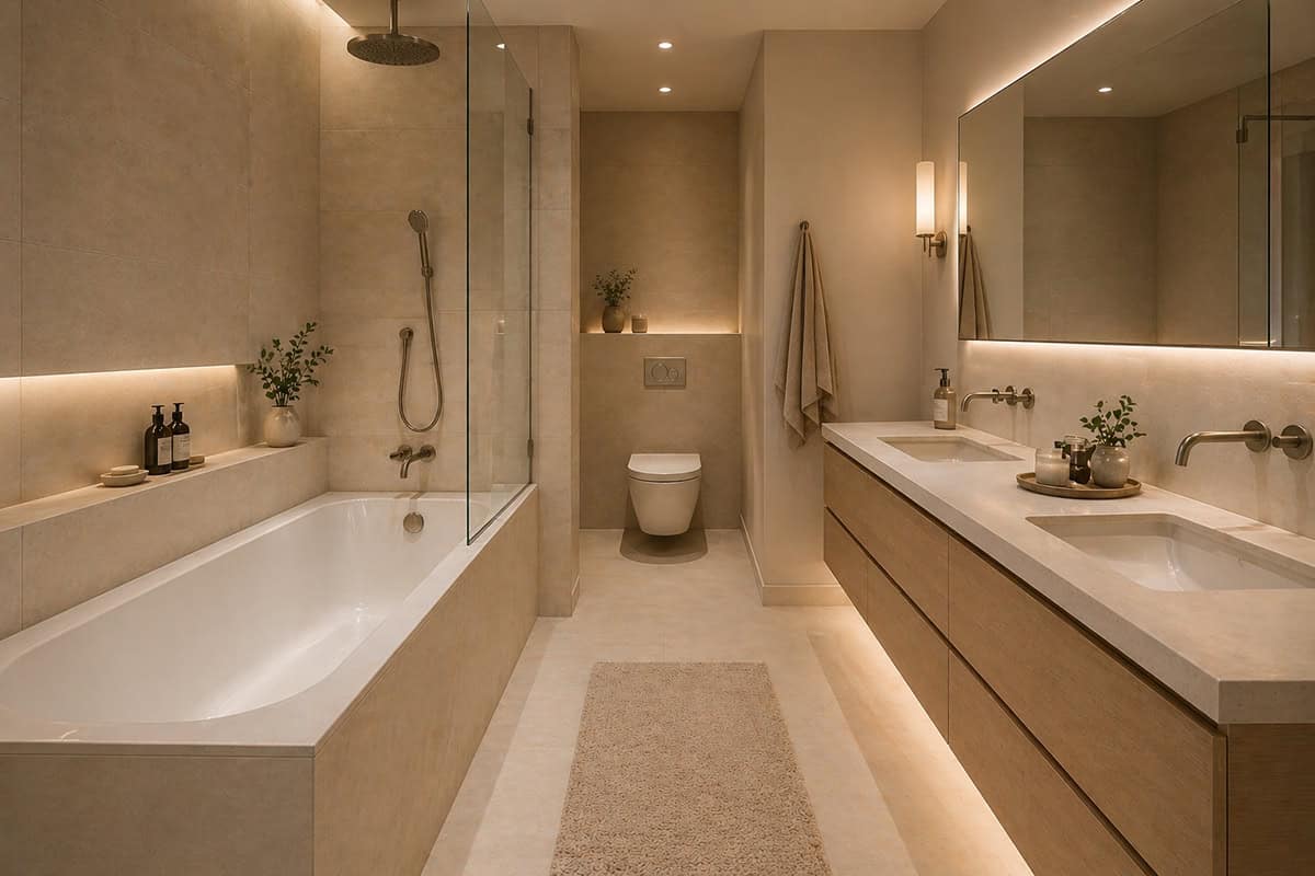 Bathtub Feature with Side Vanity and Rear Toilet