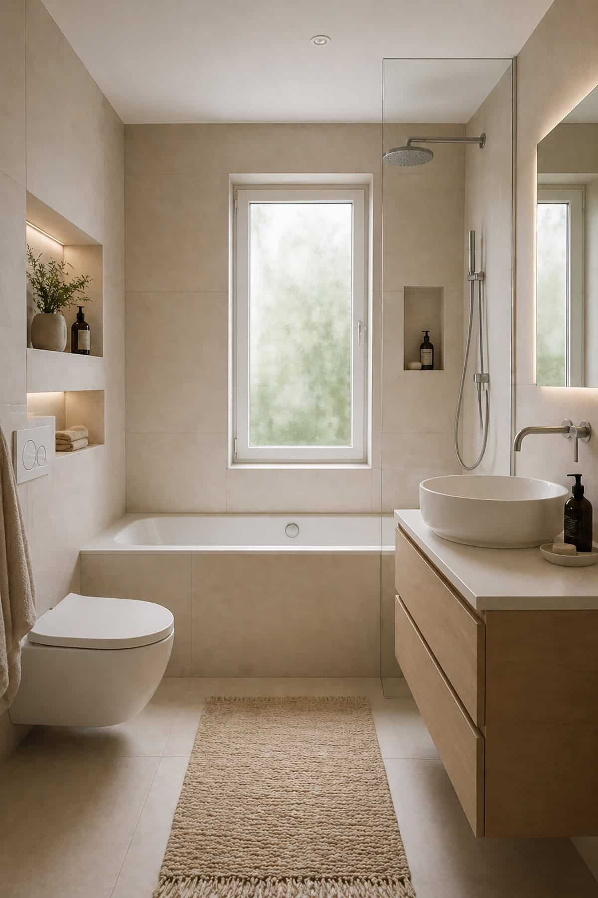 Beige Minimal Scandinavian Bathroom with Floating Vanity