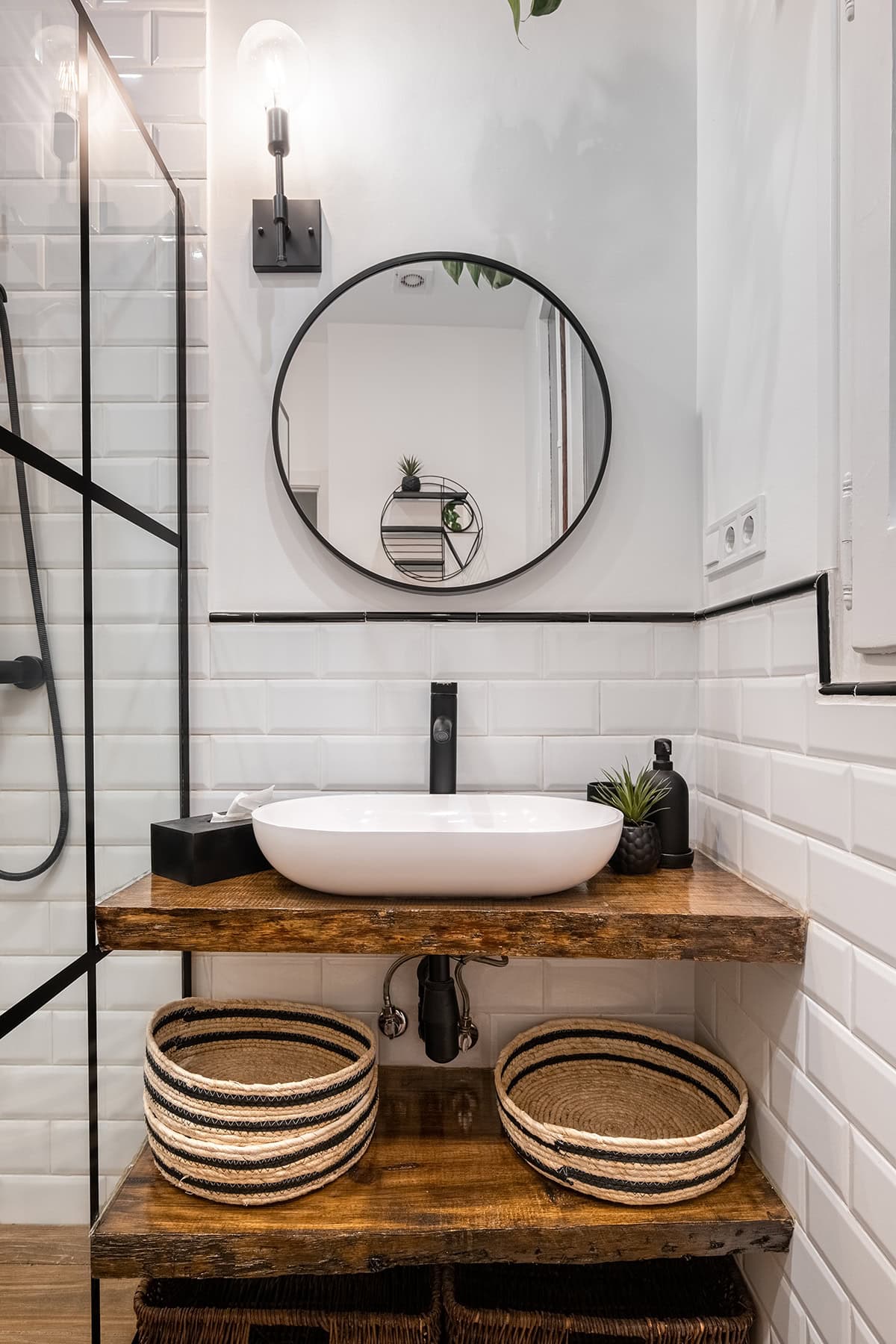 Black and White Scandinavian Bathroom with Warm Wood Shelf