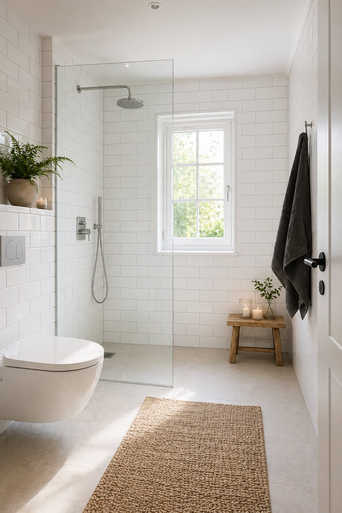 Bright White Tile Scandinavian Bathroom with Walk In Shower
