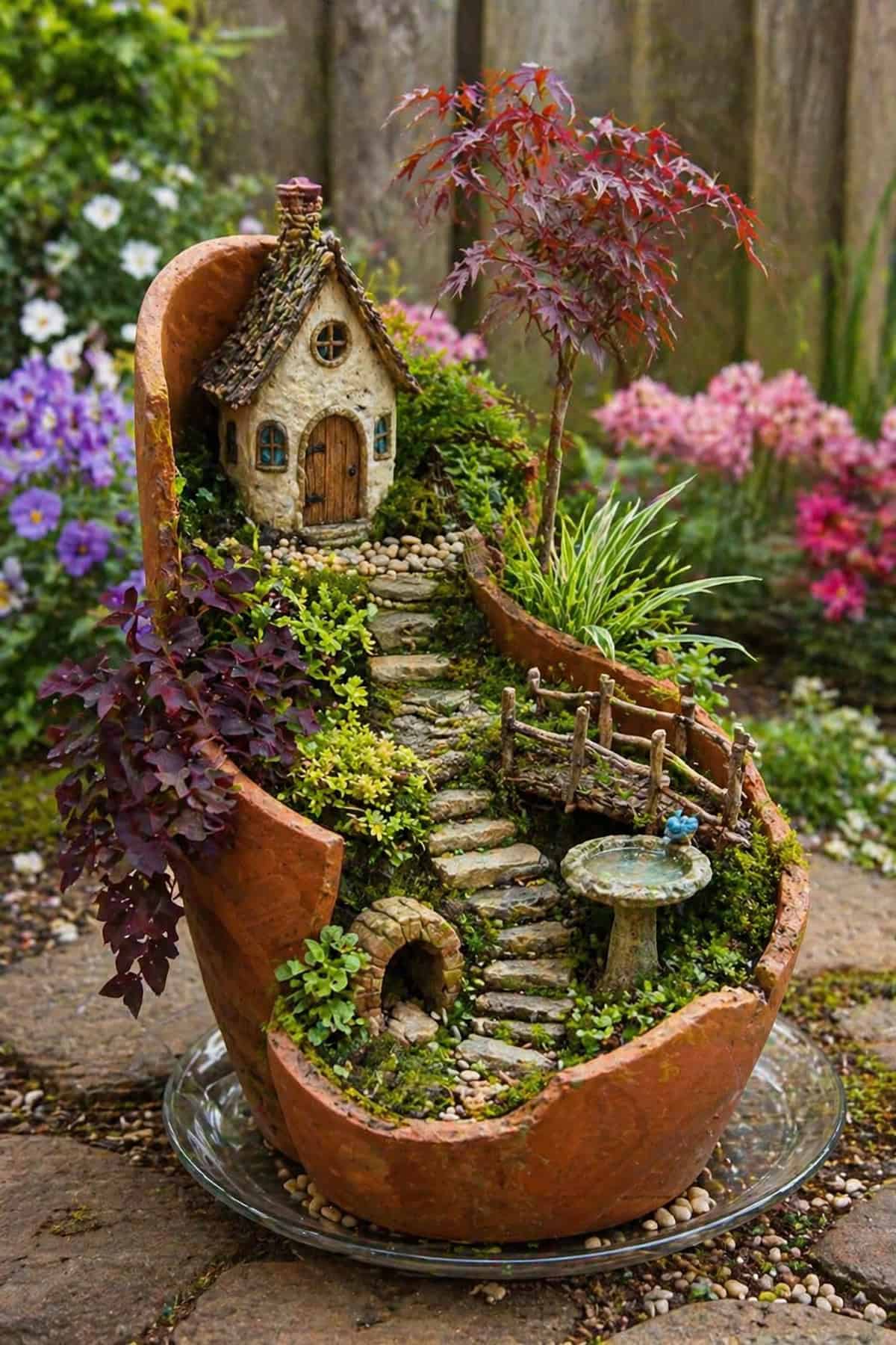 Broken Pot Fairy Garden with Staircase Design