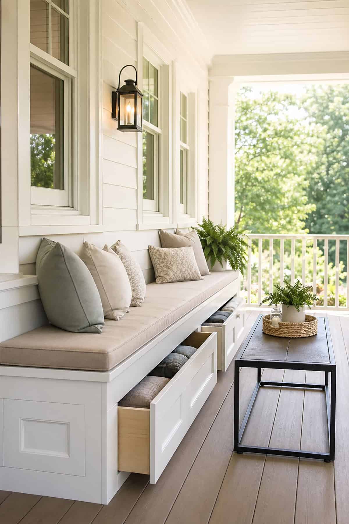 Built In Back Porch Bench with Storage Drawers