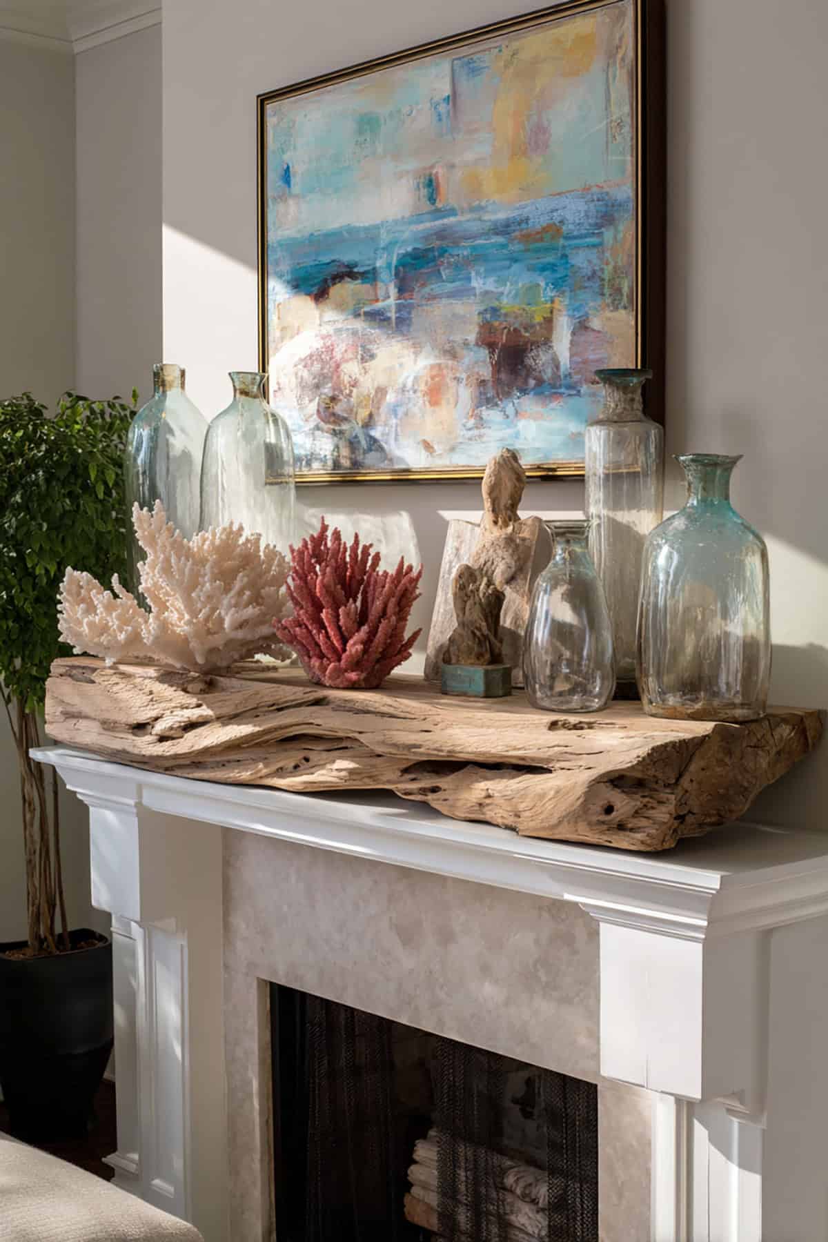 Coastal Driftwood Mantel With Sculptural Focus