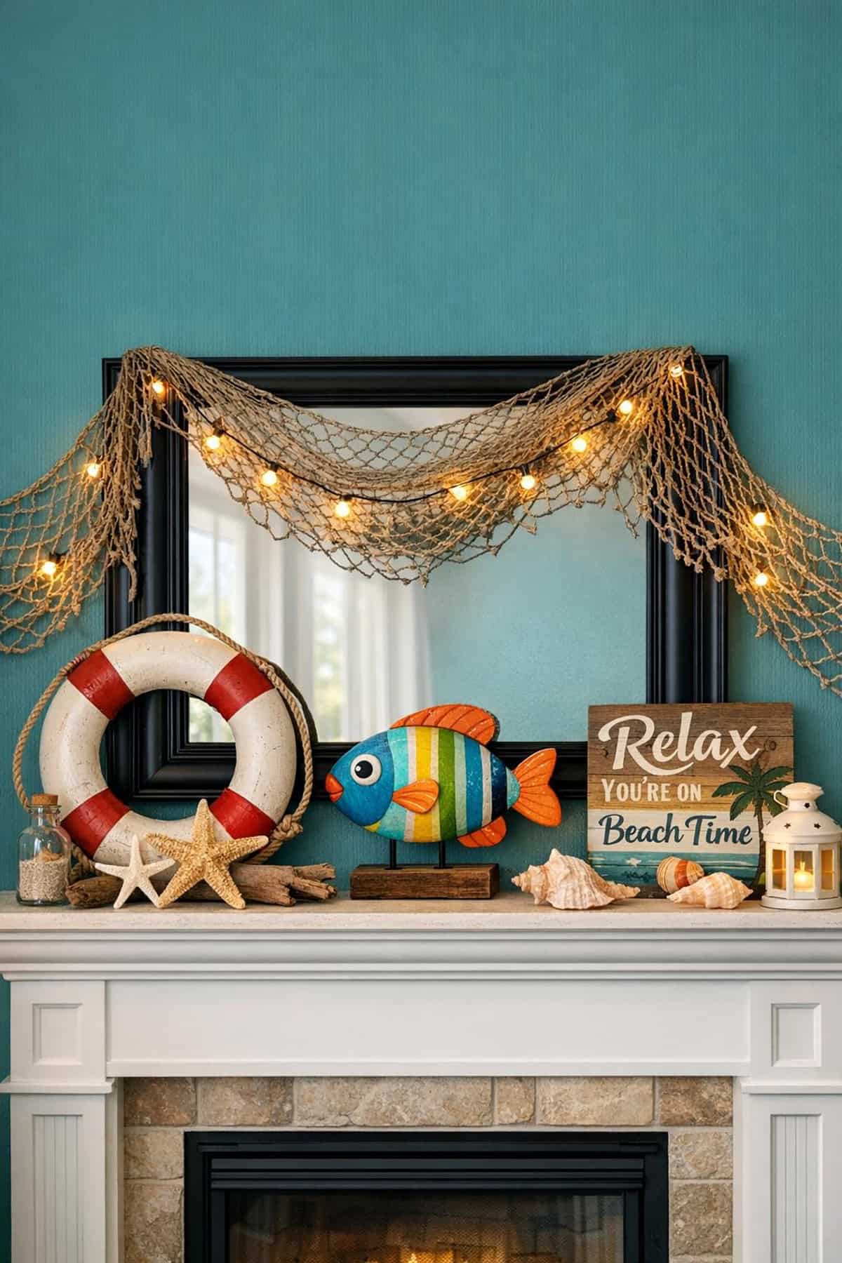 Coastal Mantel With Drift Net and Beach Finds