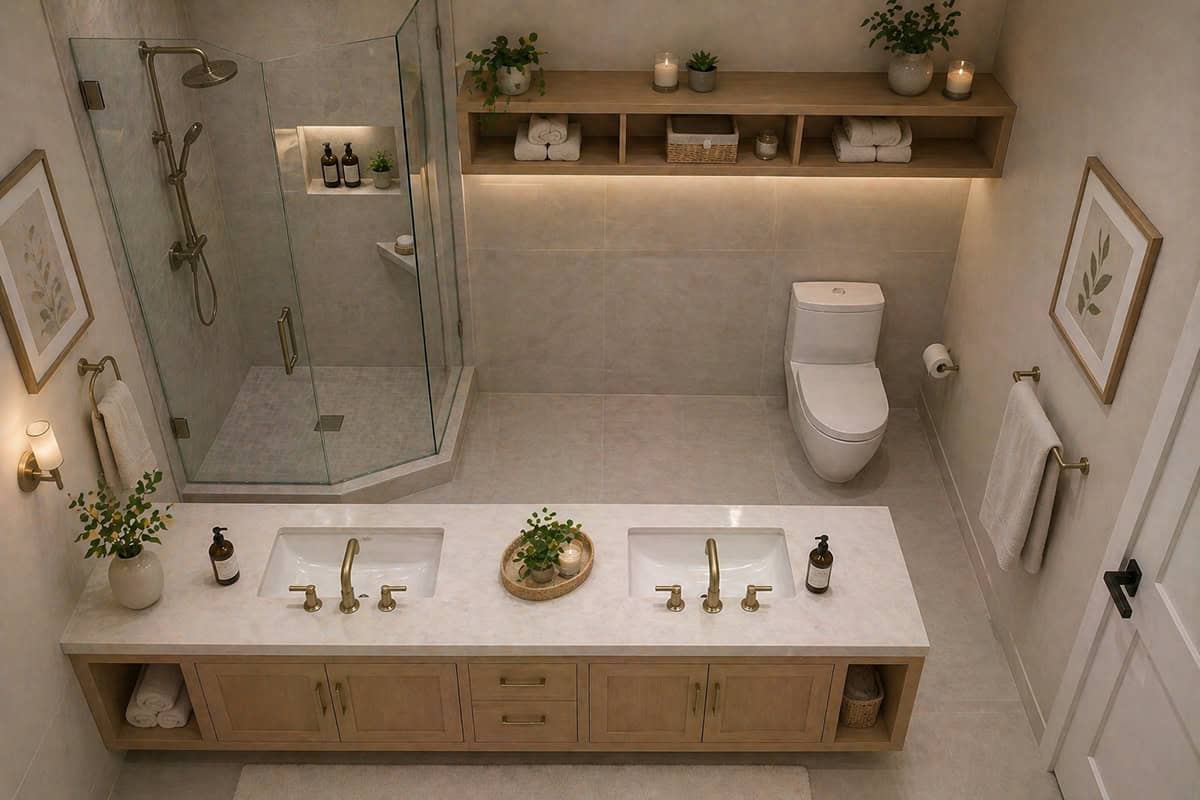Comfortable Square Bathroom with Corner Shower and Right Side Toilet