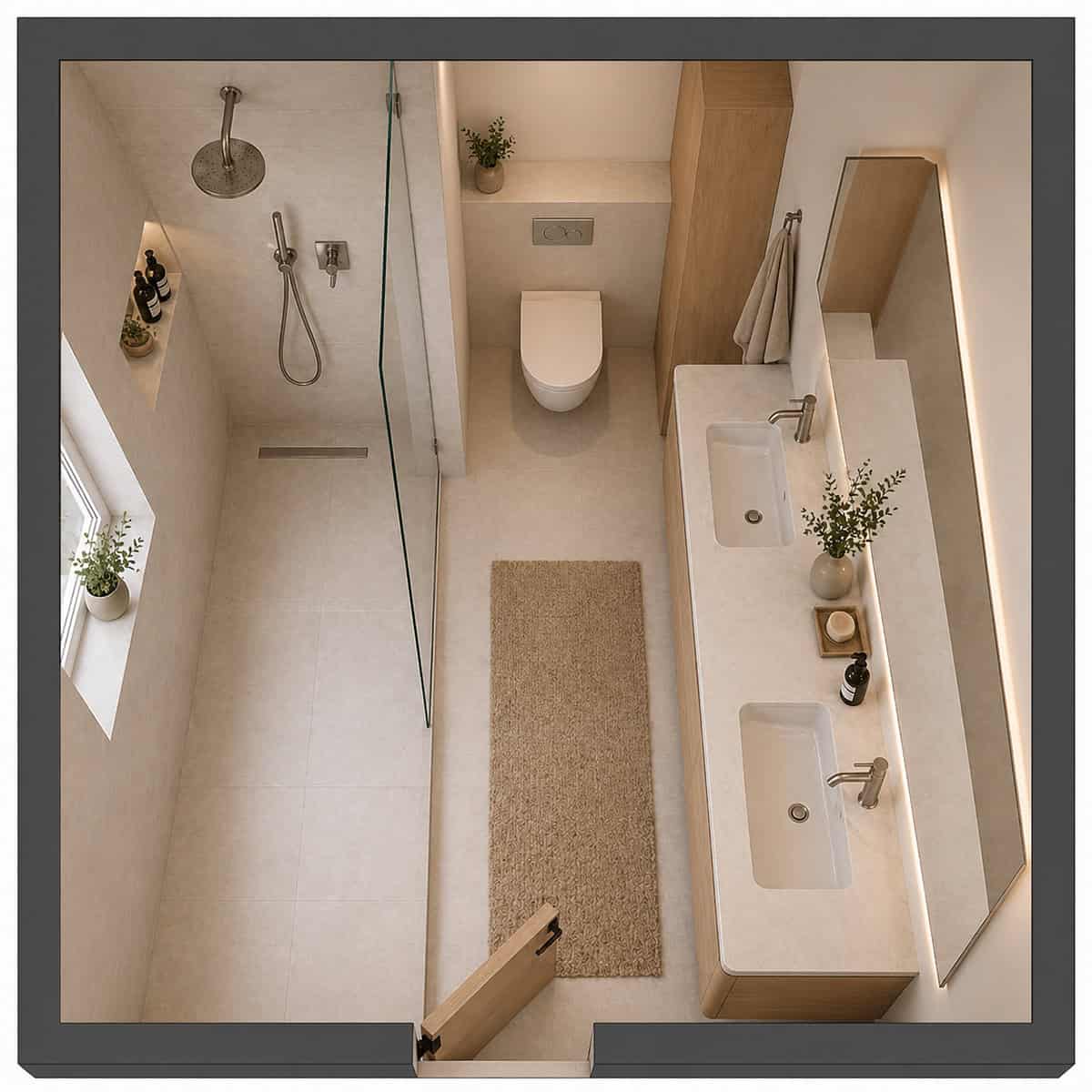 Compact Bathroom with Left Shower and Right Double Vanity top view