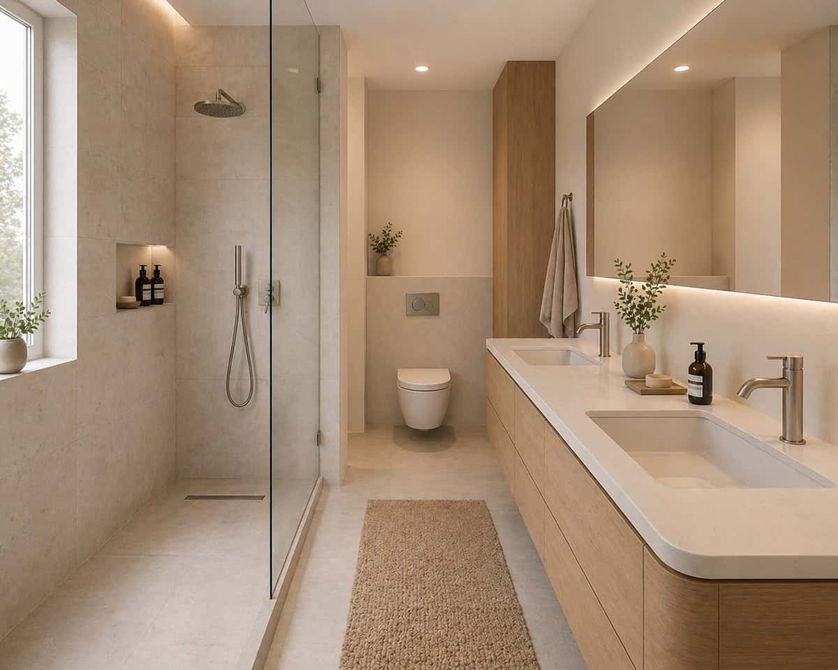 Compact Bathroom with Left Shower and Right Double Vanity