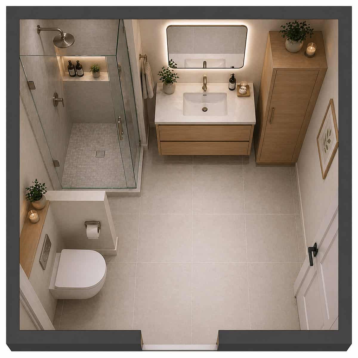 Compact Corner Toilet with Opposite Sink and Storage Cabinet top view