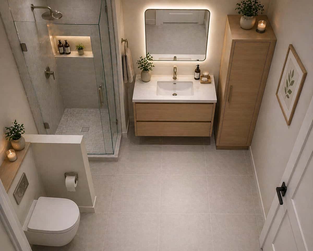 Compact Corner Toilet with Opposite Sink and Storage Cabinet