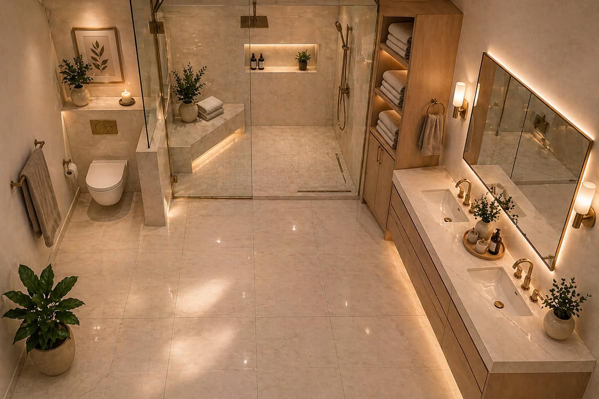 Elegant Master Bathroom with Large Shower and Bench Seating top view