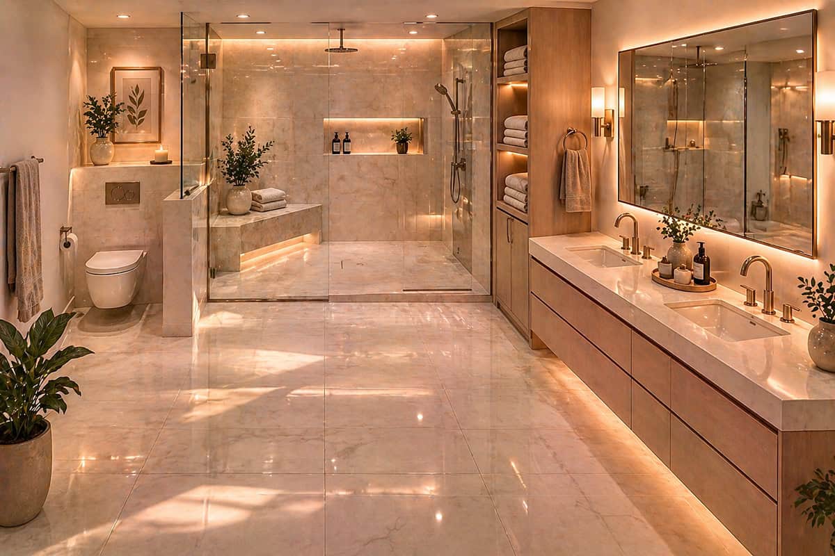 Elegant Master Bathroom with Large Shower and Bench Seating