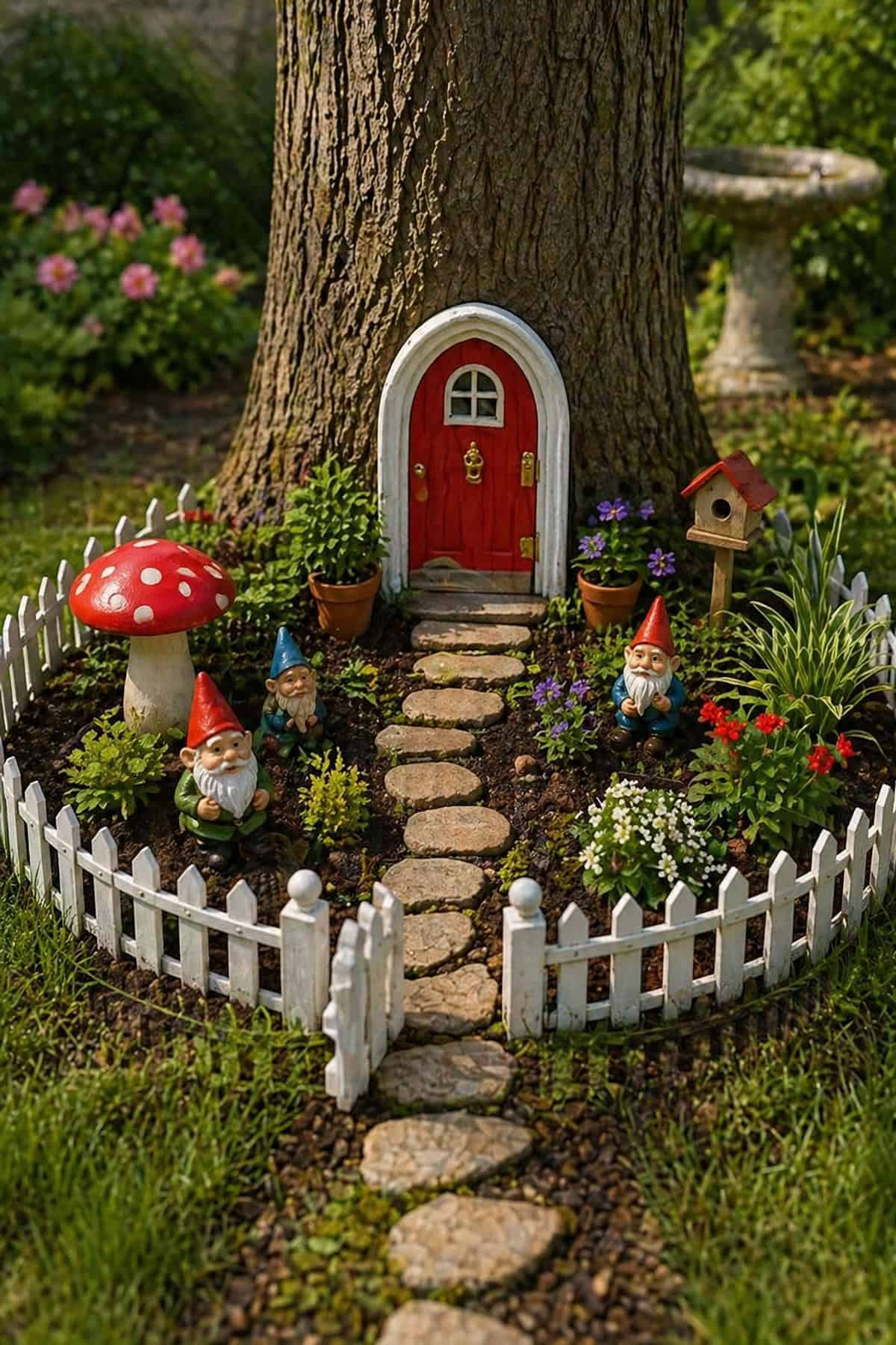 Fairy Door Garden Built Around a Tree Trunk
