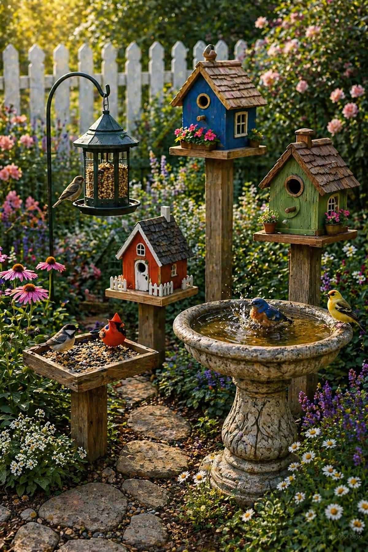 Fairy Garden with Birdhouses and Water Feature