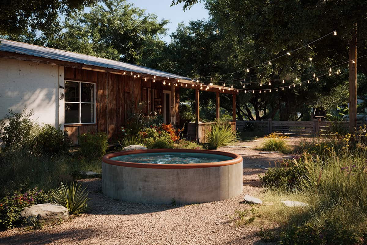 Farmhouse Gravel Yard Hot Tub Setup