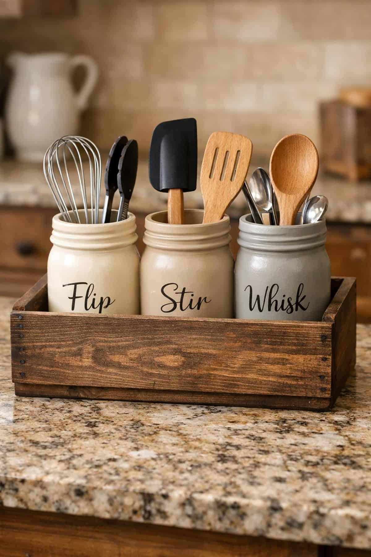 Farmhouse Mason Jar Kitchen Utensil Holder Set