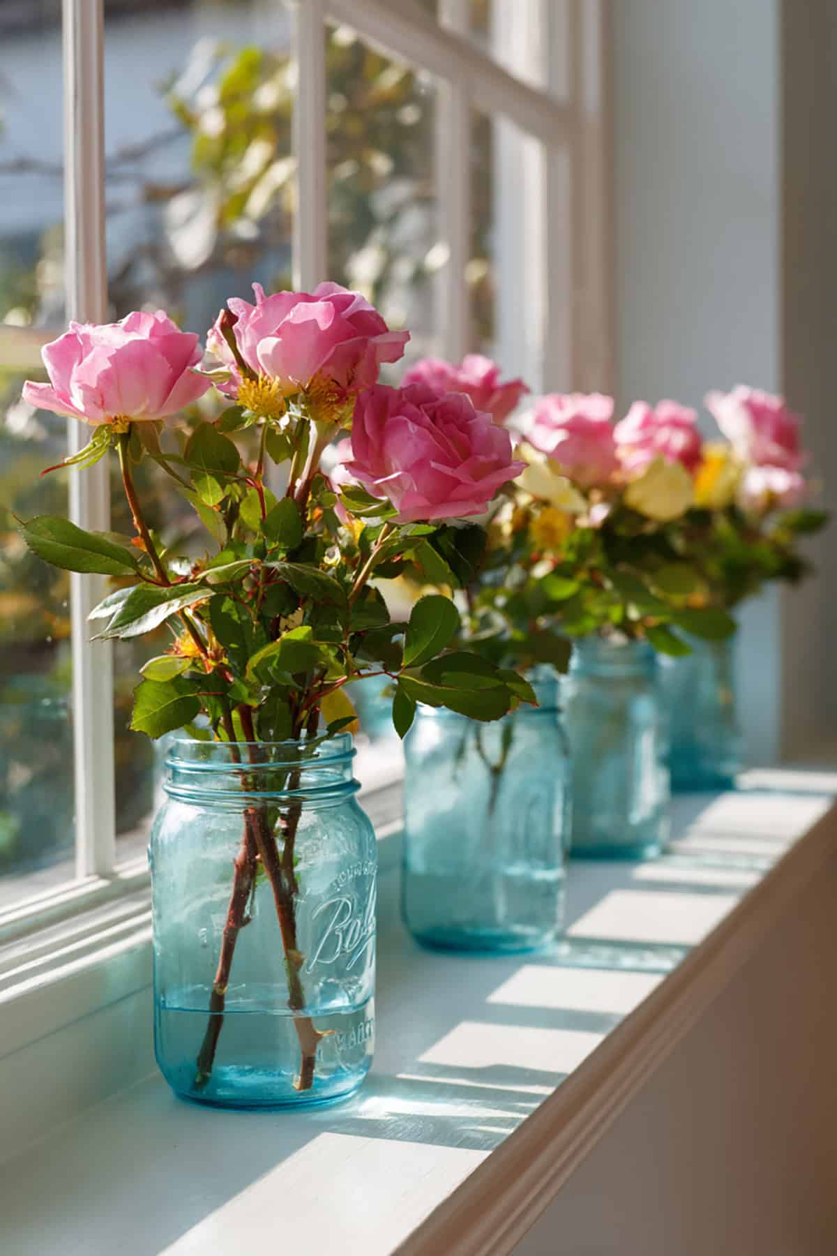Frosted Mason Jar Window Flower Display