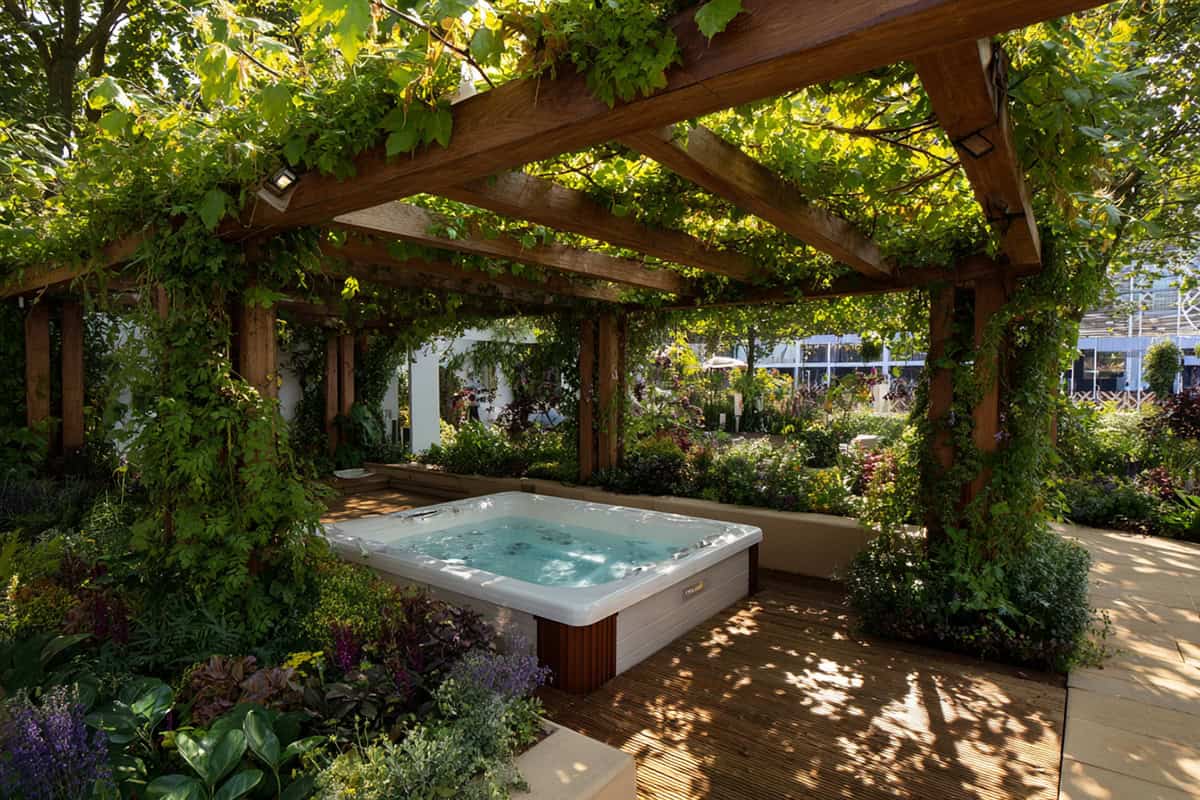 Garden Pergola with Climbing Vines Hot Tub
