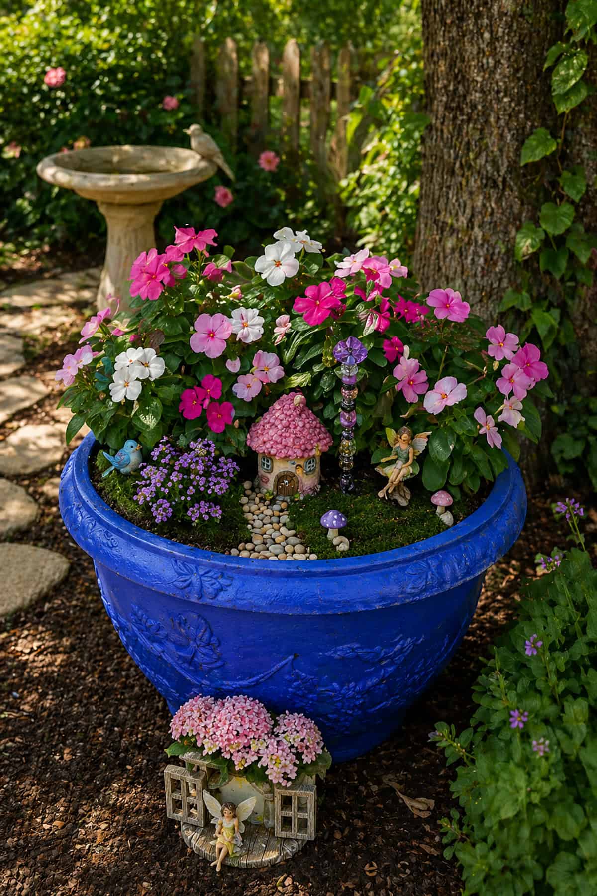 Garden Pot Fairy Scene with Flowers and Cottage