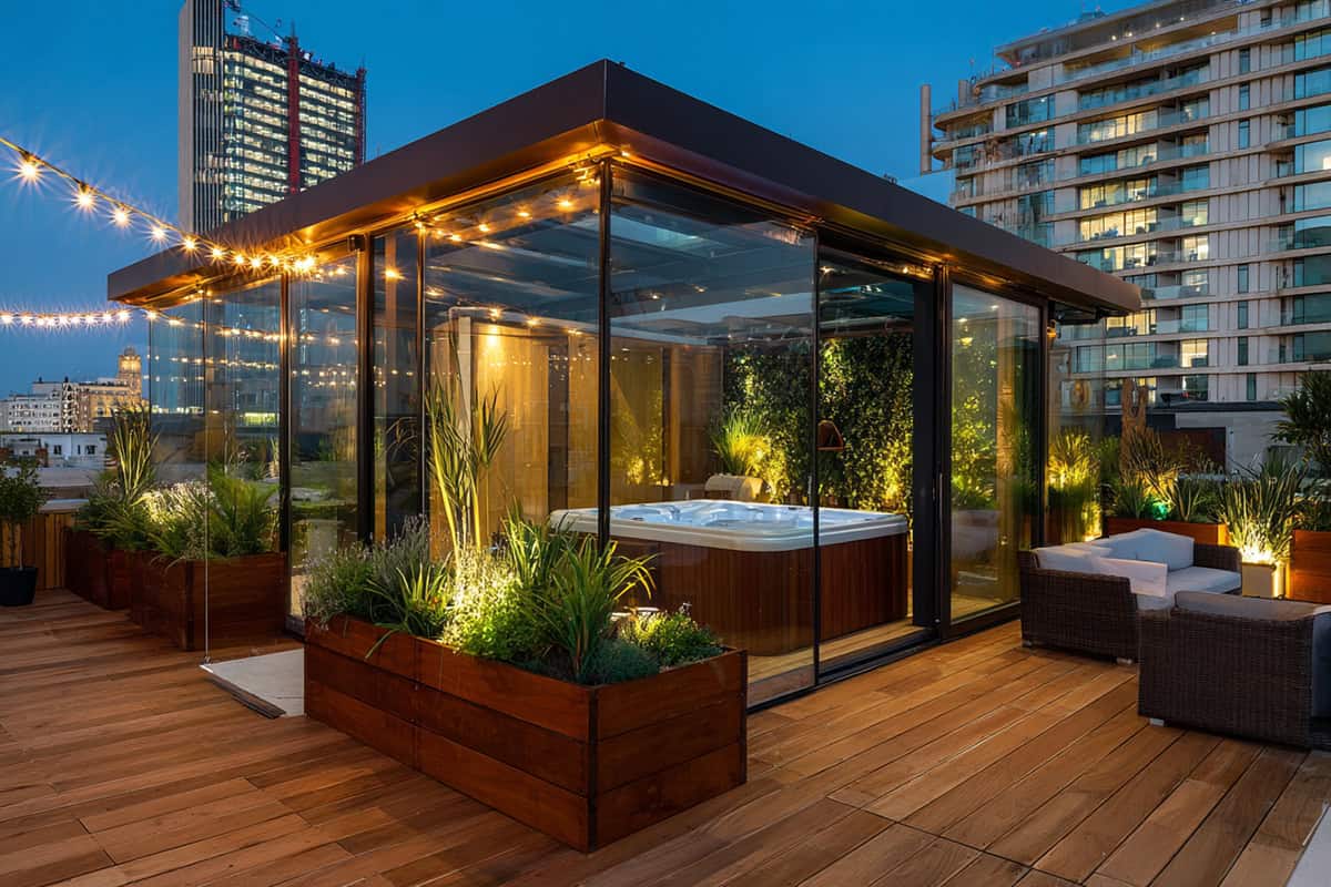 Glass Enclosed Rooftop Hot Tub Garden