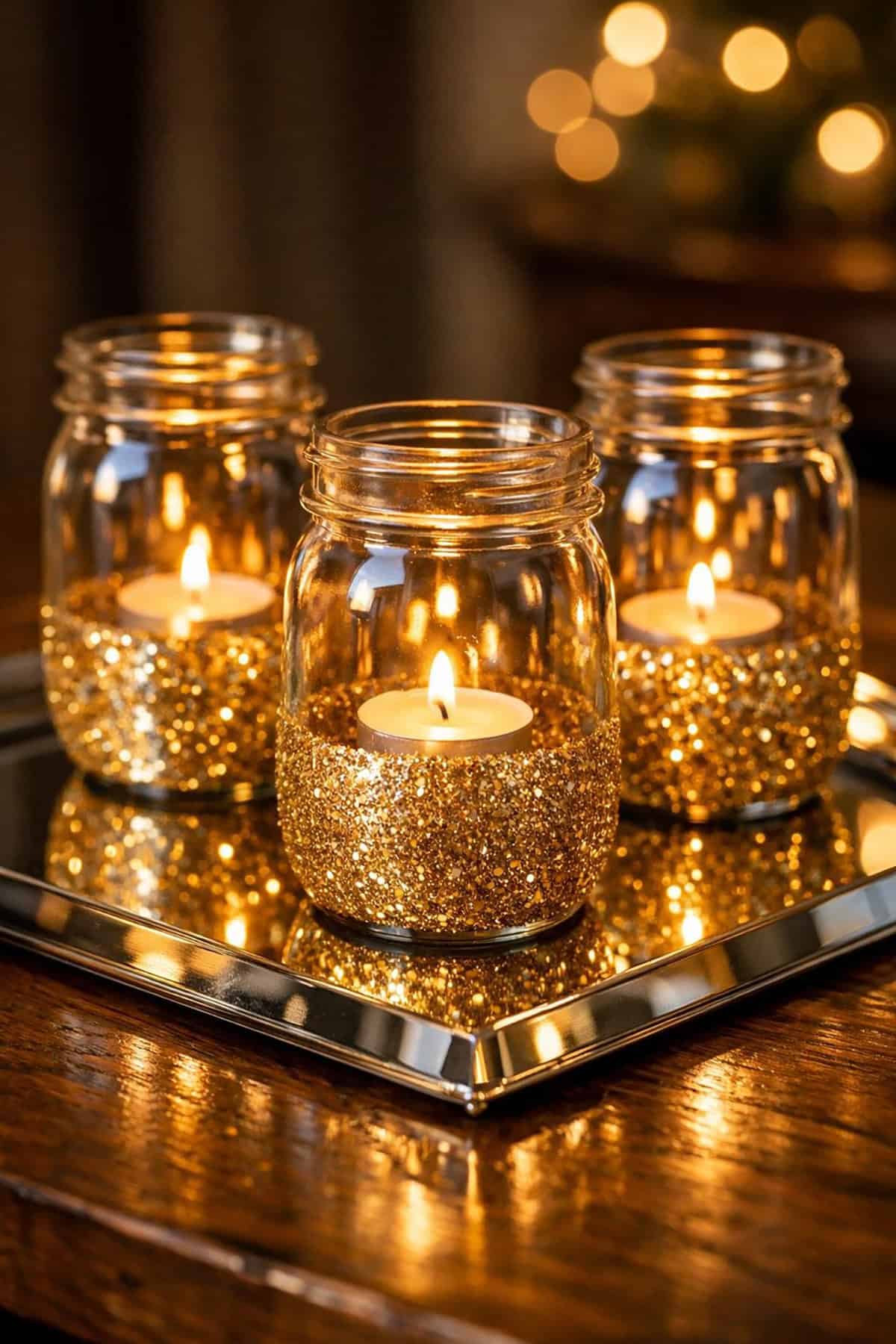 Glitter Dipped Mason Jar Candle Holders