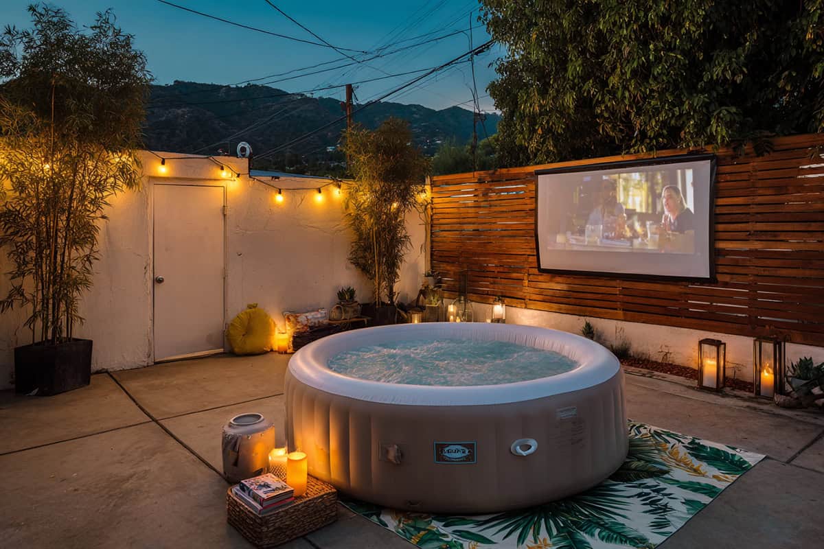 Inflatable Hot Tub Movie Night Setup