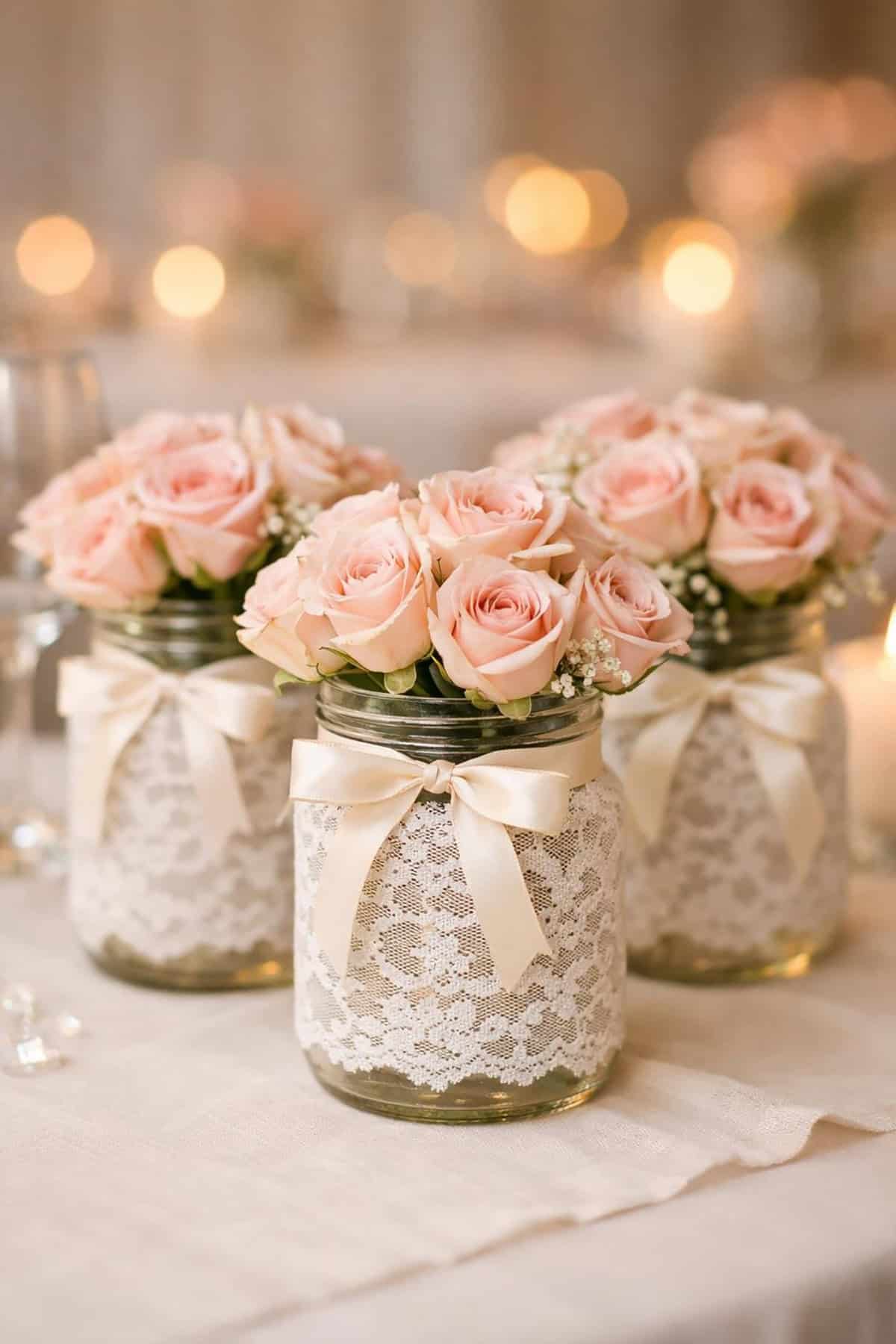 Lace Wrapped Mason Jar Wedding Centerpiece