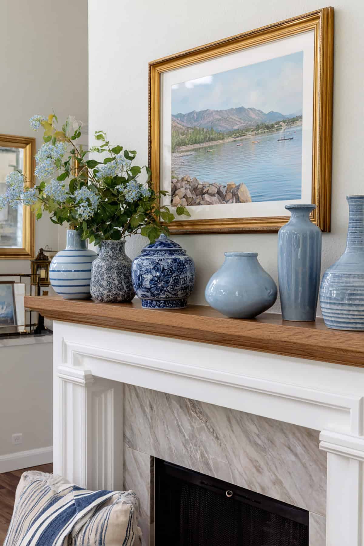 Lake House Mantel With Soft Blues and Whites