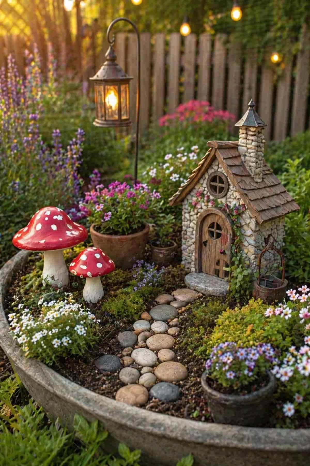 Large Fairy Garden Pot with Mushroom and Pebble Pathway