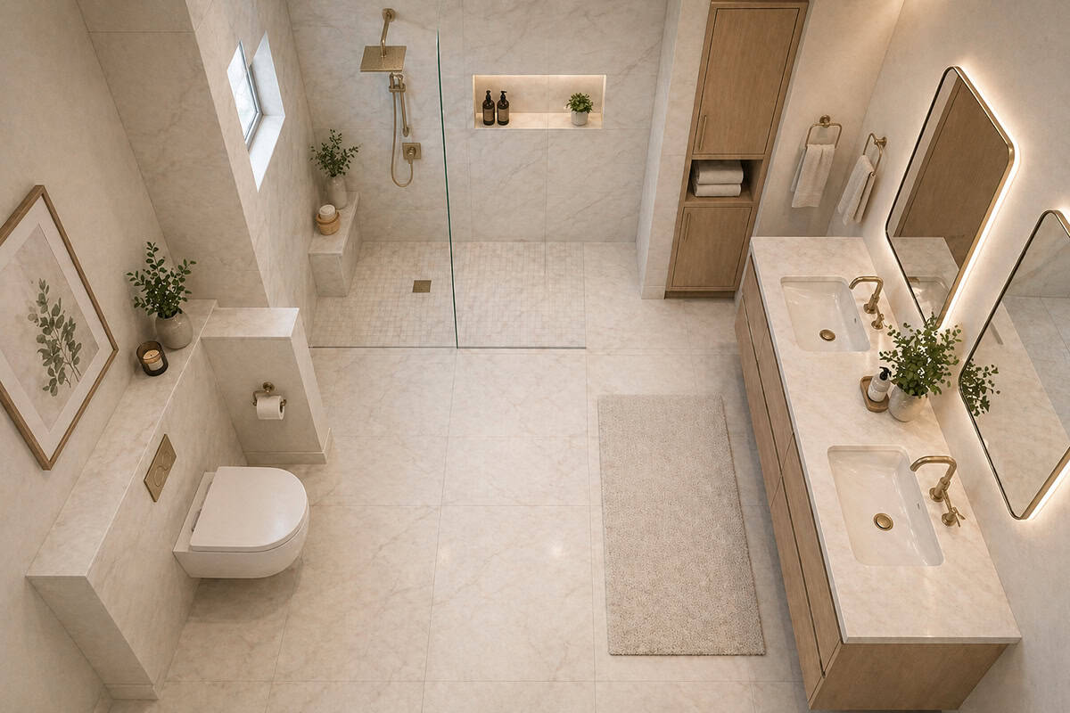 Luxury Square Bathroom with Open Shower and Double Vanity top view