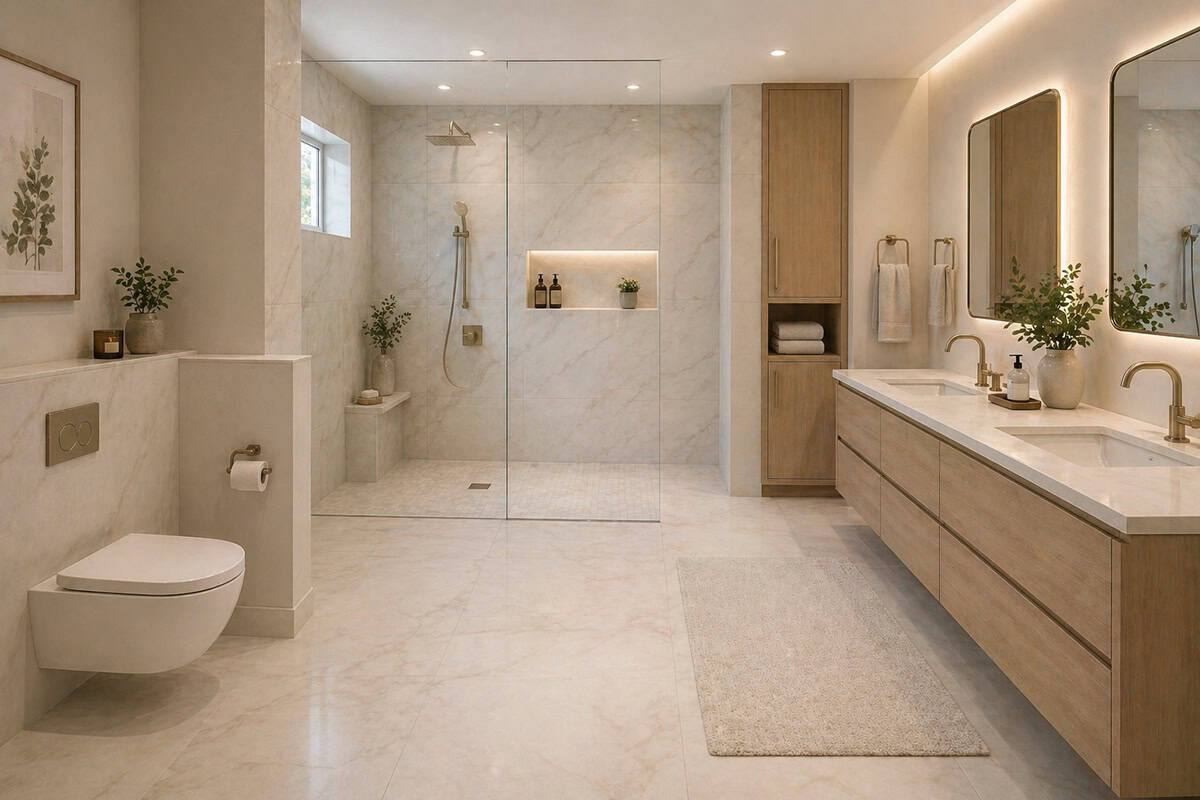 Luxury Square Bathroom with Open Shower and Double Vanity
