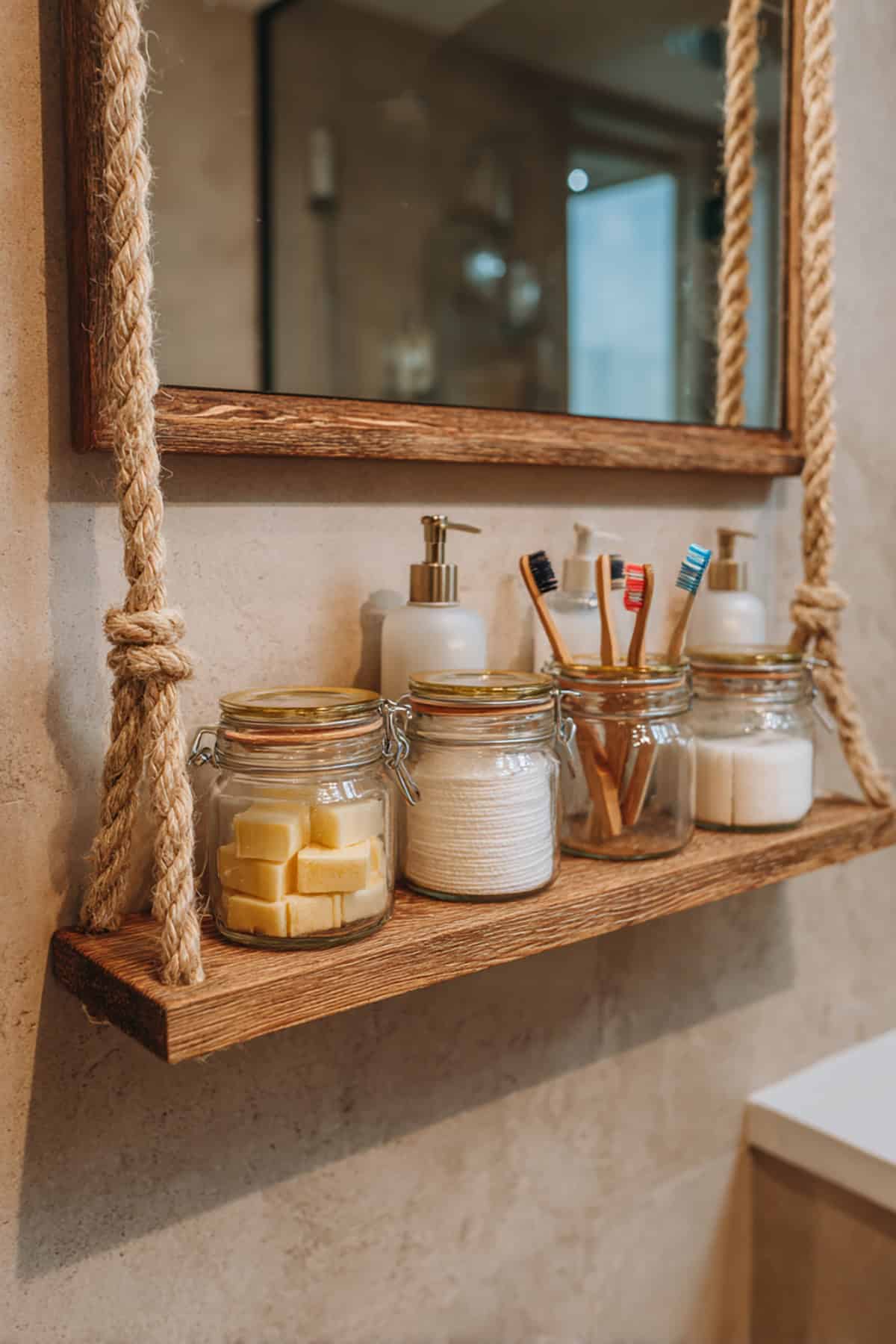 Mason Jar Hanging Bathroom Storage with Rope Shelf