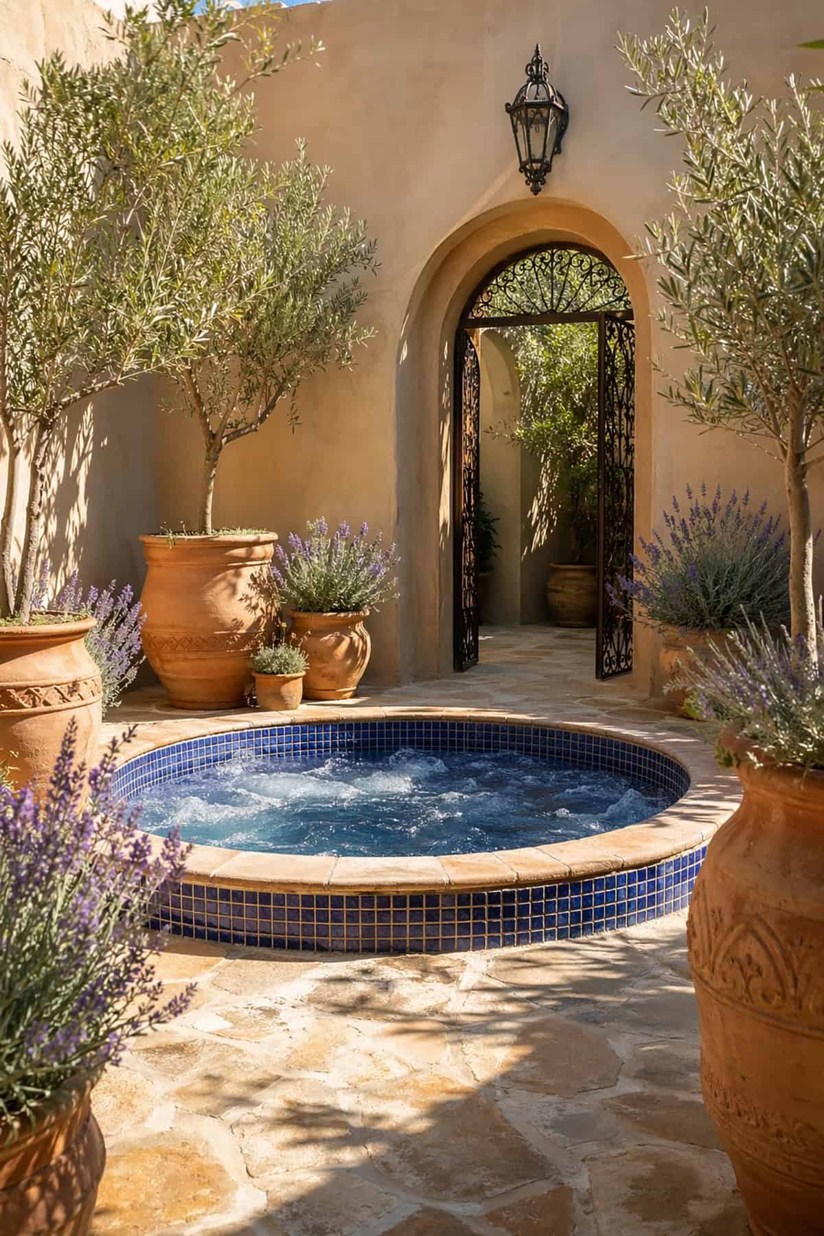 Mediterranean Courtyard Hot Tub Setup