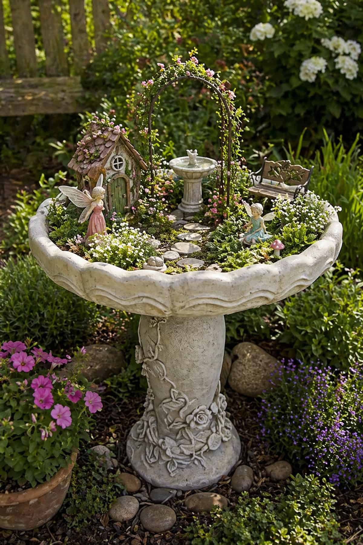 Mini Fairy Garden On an Elevated Birdbath