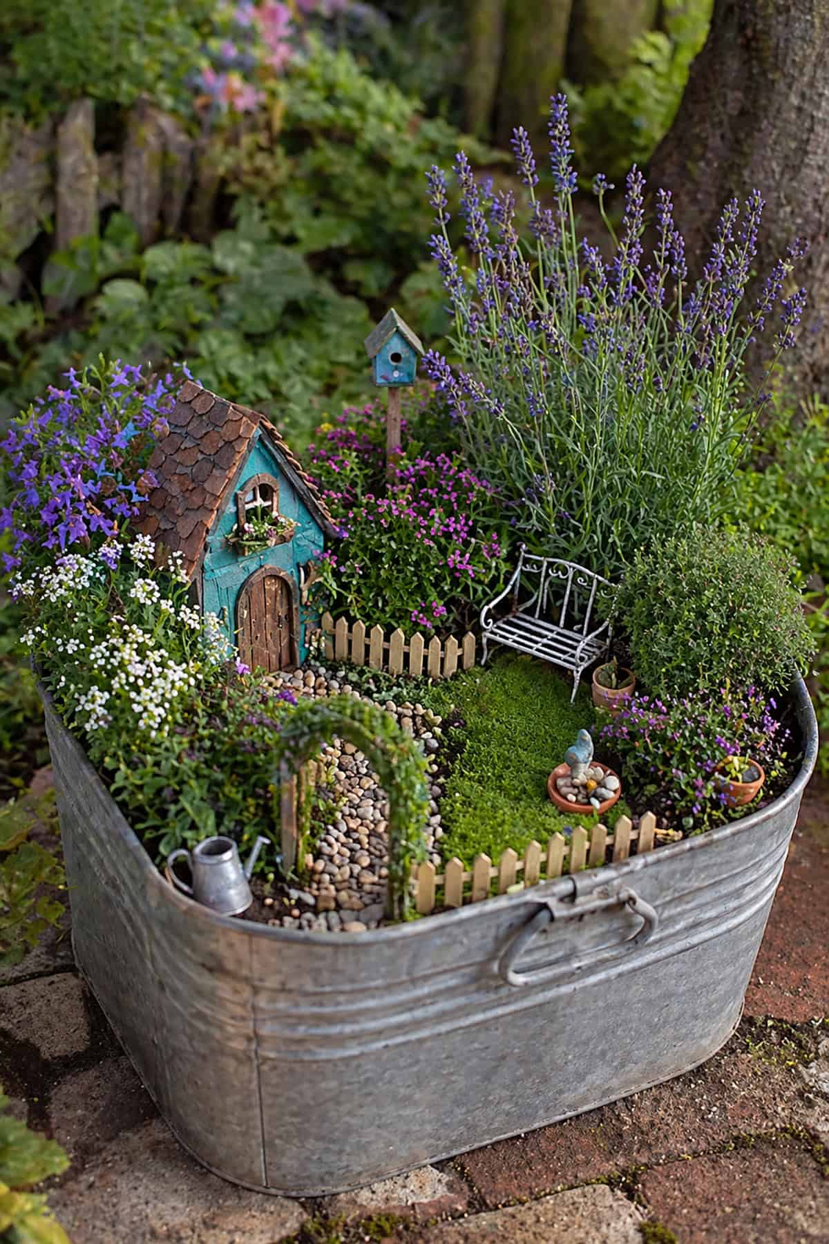 Mini Fairy Garden in Rustic Metal Tub