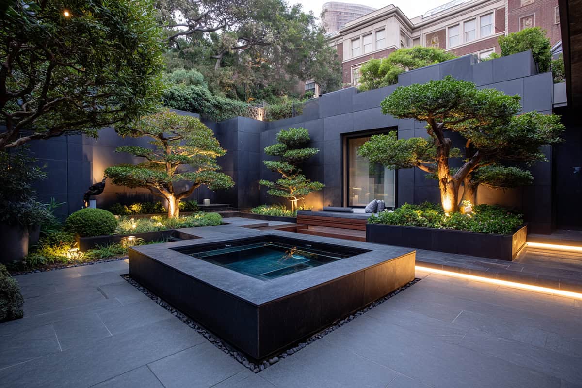 Modern Black Stone Courtyard Spa