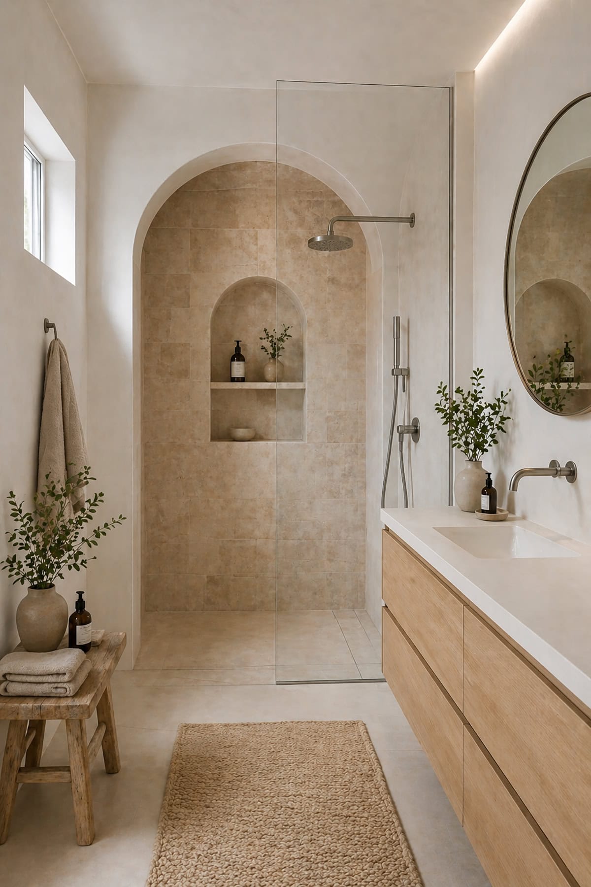 Nordic Bathroom with Built In Arched Shower Niche
