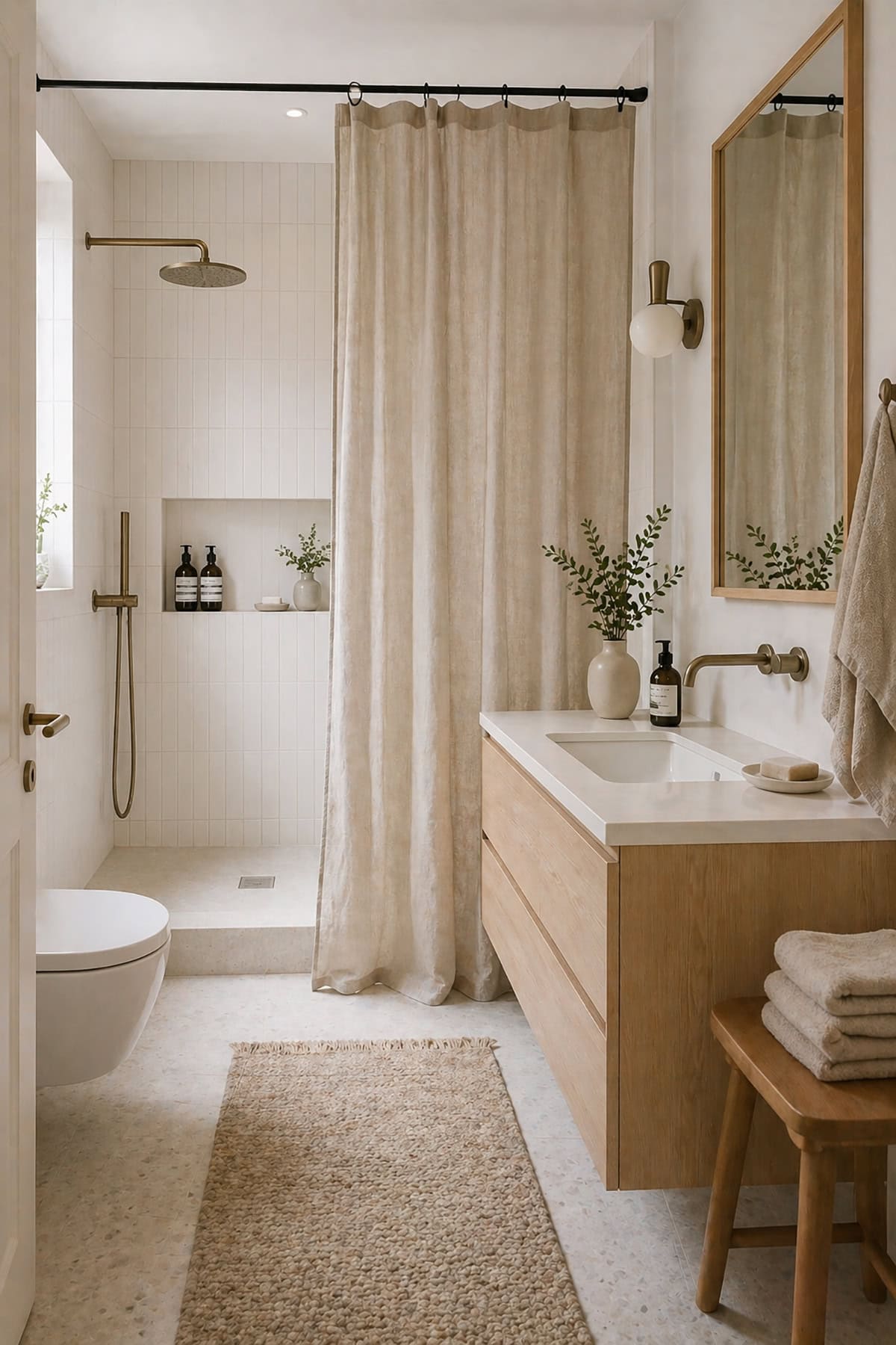 Nordic Bathroom with Soft Linen Curtain Divider
