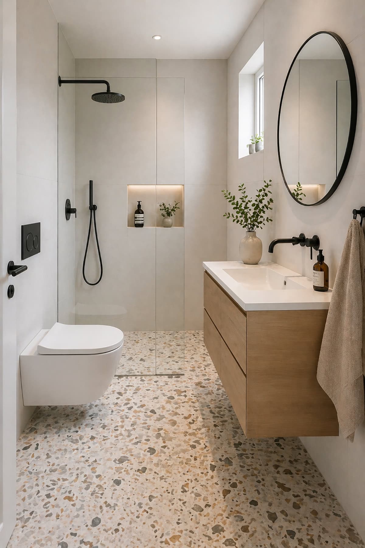 Nordic Bathroom with Terrazzo Accent Flooring