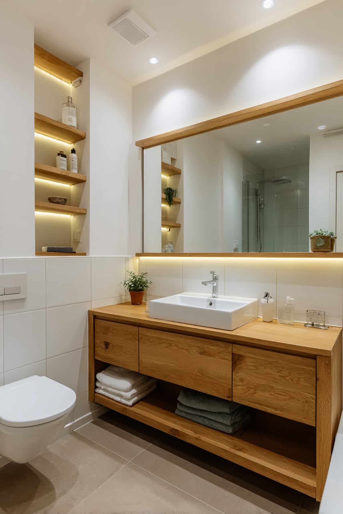 Nordic Bathroom with Warm LED Shelf Lighting