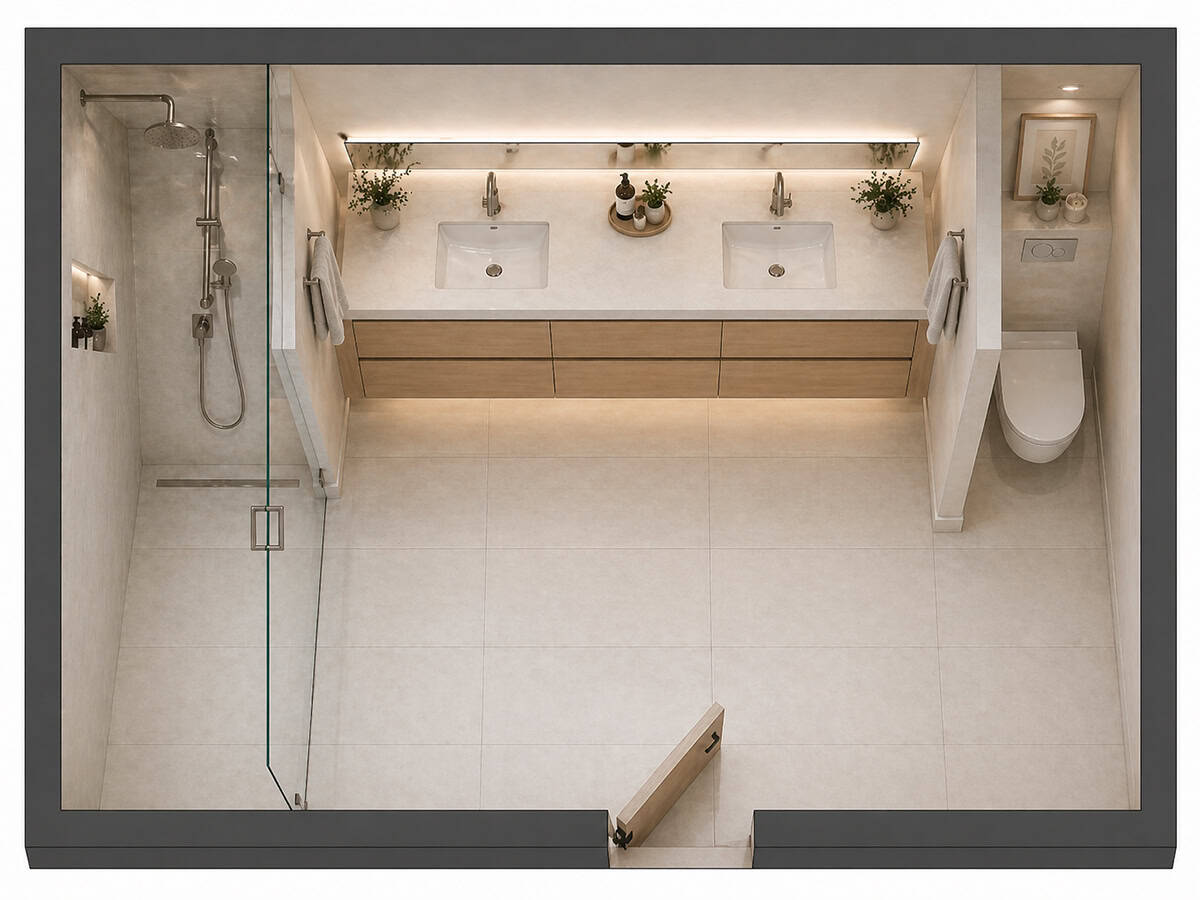 Offset Toilet with Long Double Vanity Feature Wall top view