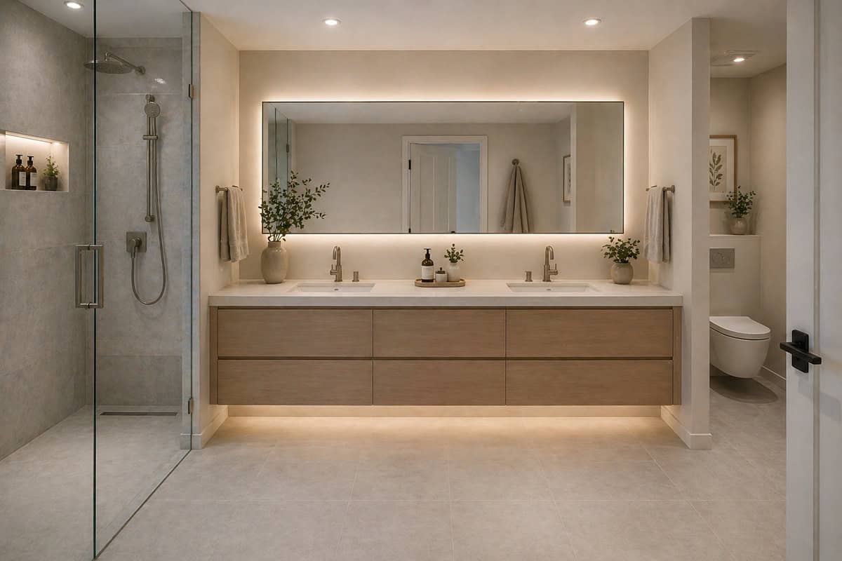 Offset Toilet with Long Double Vanity Feature Wall