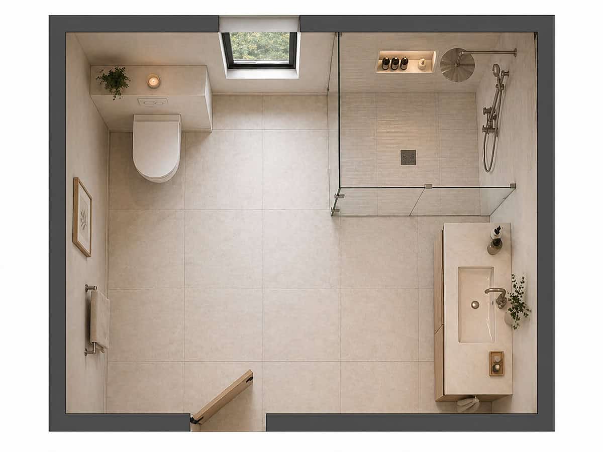 Open Center Layout with Offset Shower and Compact Vanity