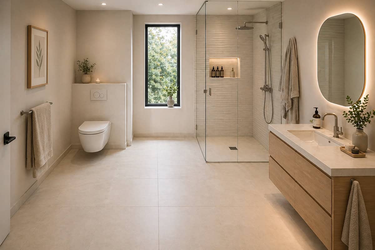 Open Center Layout with Offset Shower and Compact Vanity