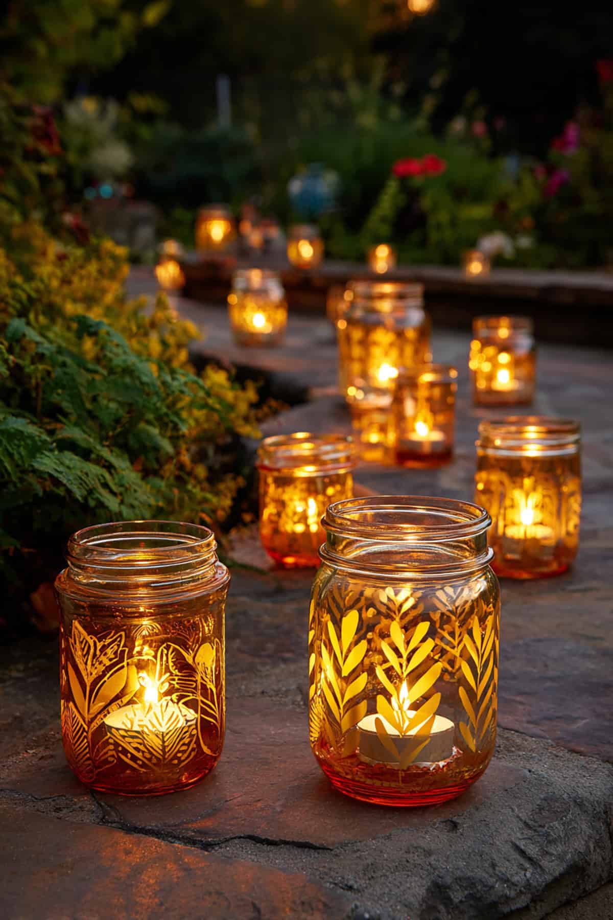 Outdoor Etched Glass Mason Jar Lanterns