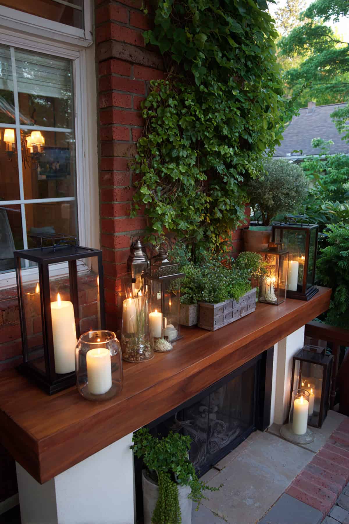 Outdoor Patio Inspired Mantel With Lantern Layers