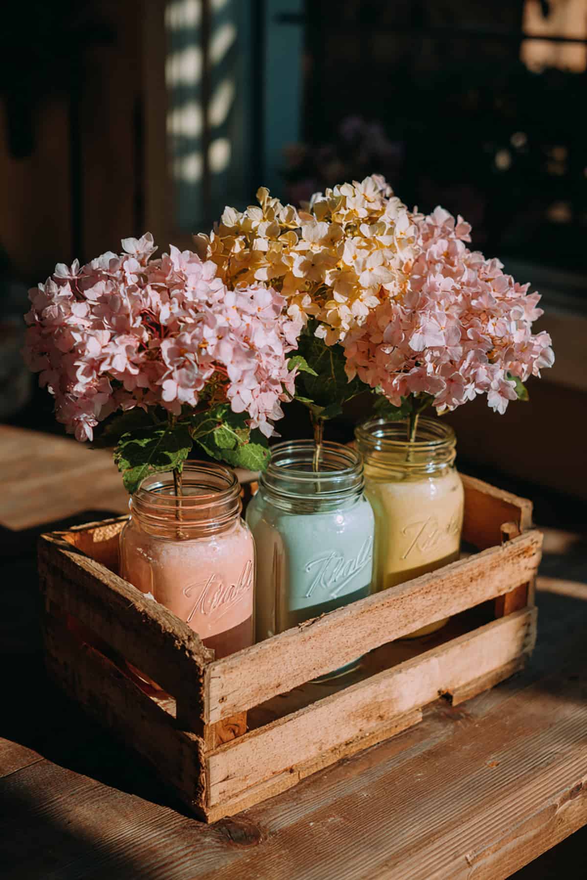 Painted Mason Jar Floral Centerpiece Crate