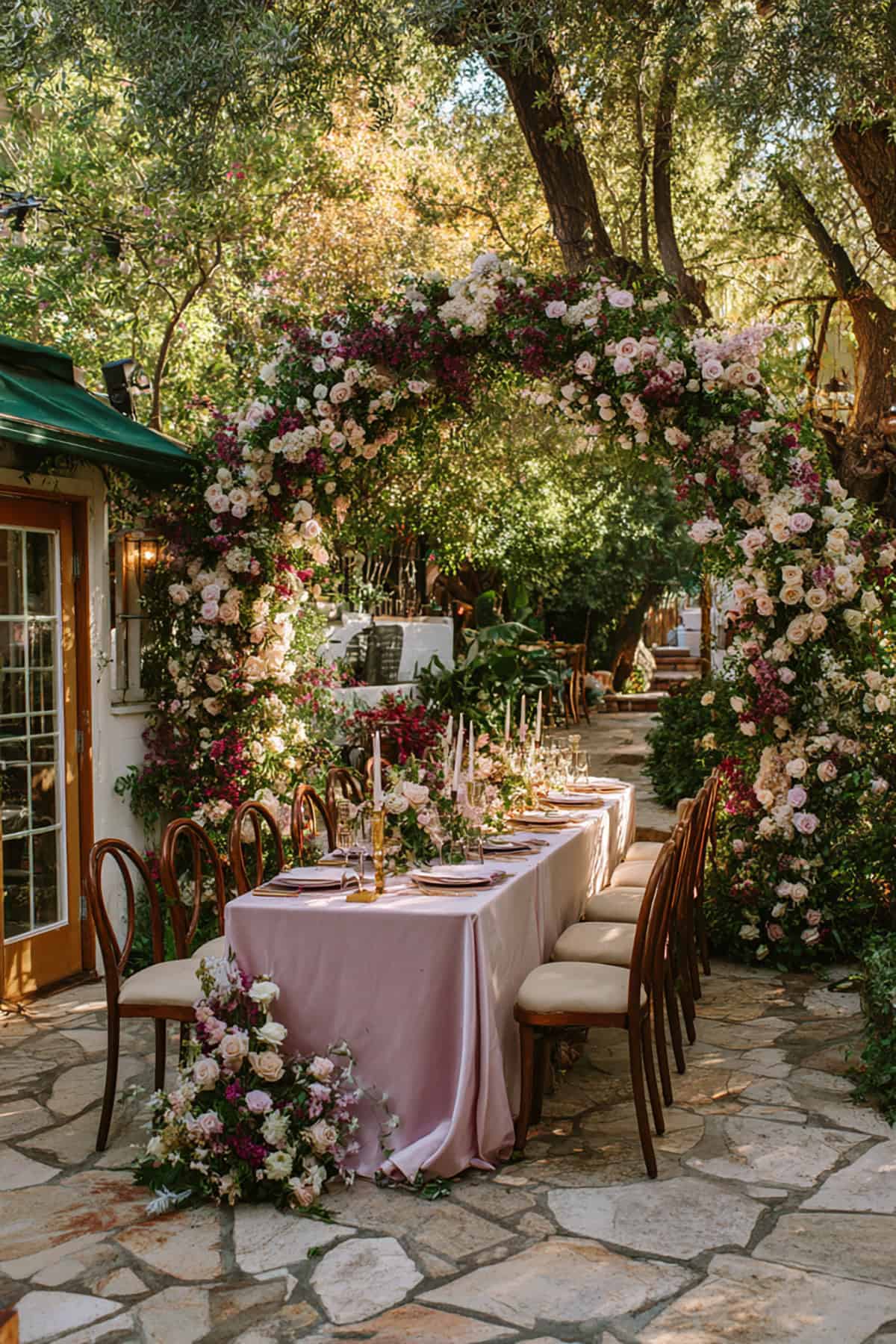 Pink Garden Arch Dining Setup