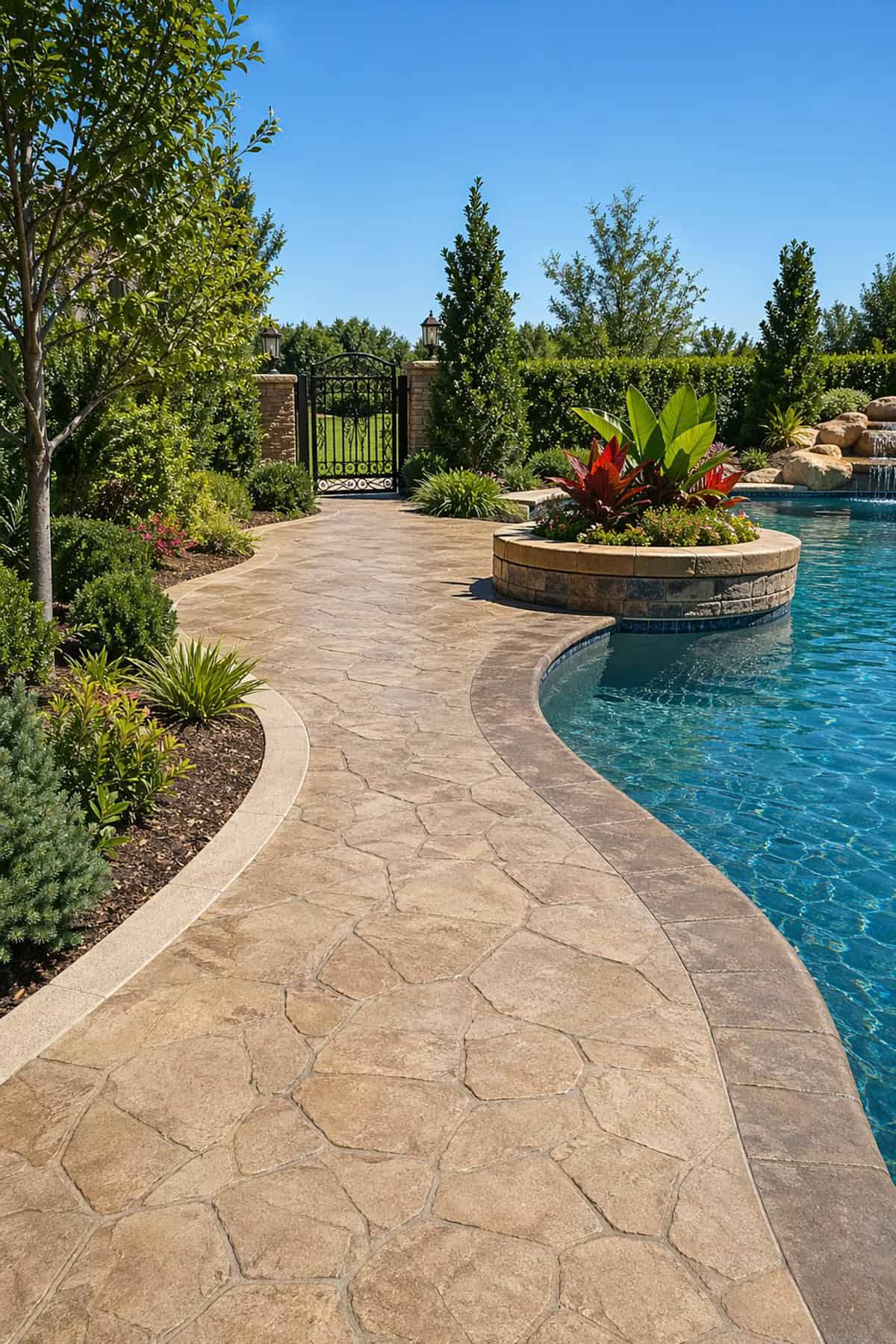 Poolside Stamped Concrete Walkway with Garden Landscaping